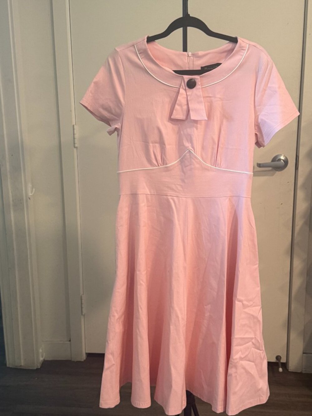 Gown Town Pink Fit & Flare Dress XL White Piping Bow Detail